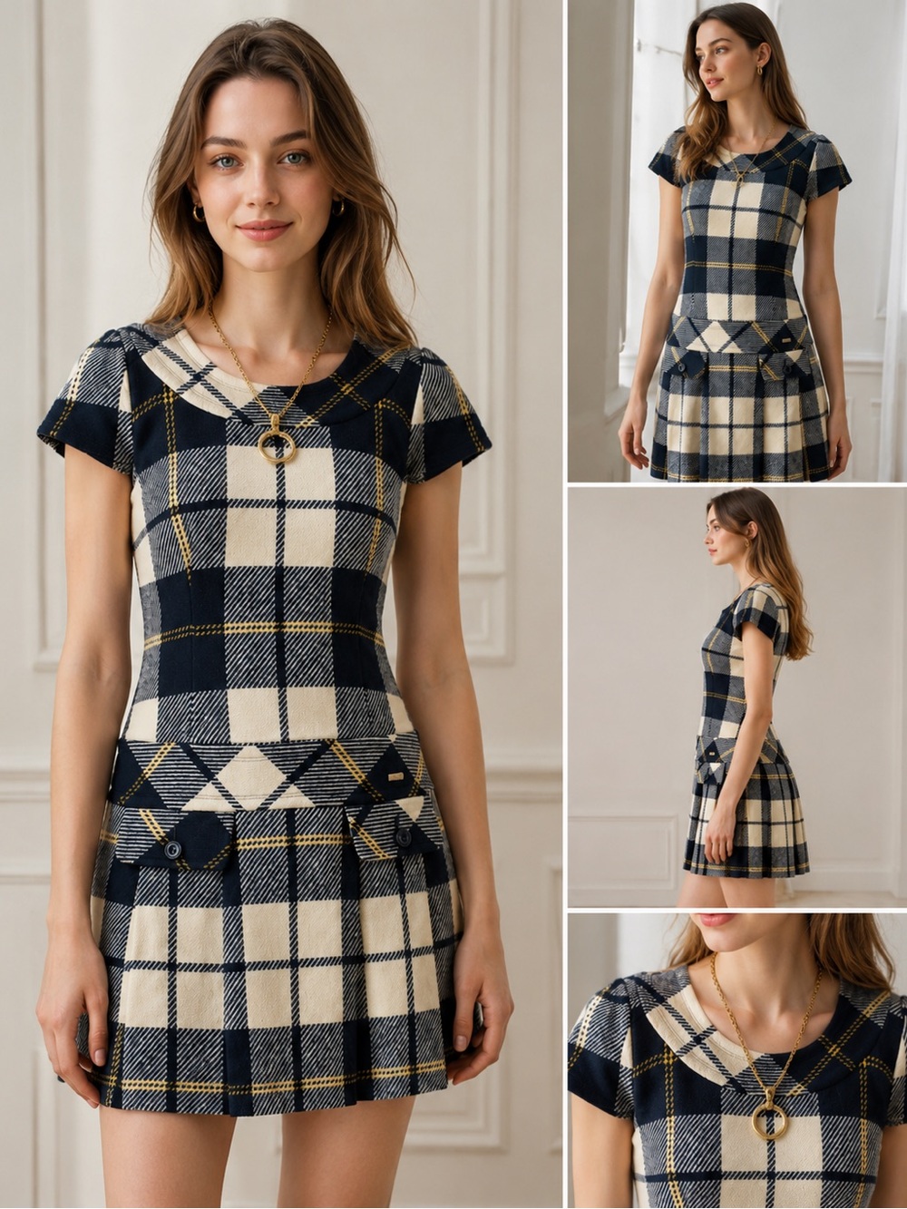 Burberry Navy, Cream & Yellow Plaid Short-Sleeve Fit-and-Flare Dress - Picture 2 of 7